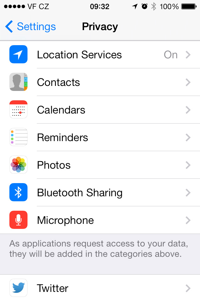 Privacy menu located in iOS settings