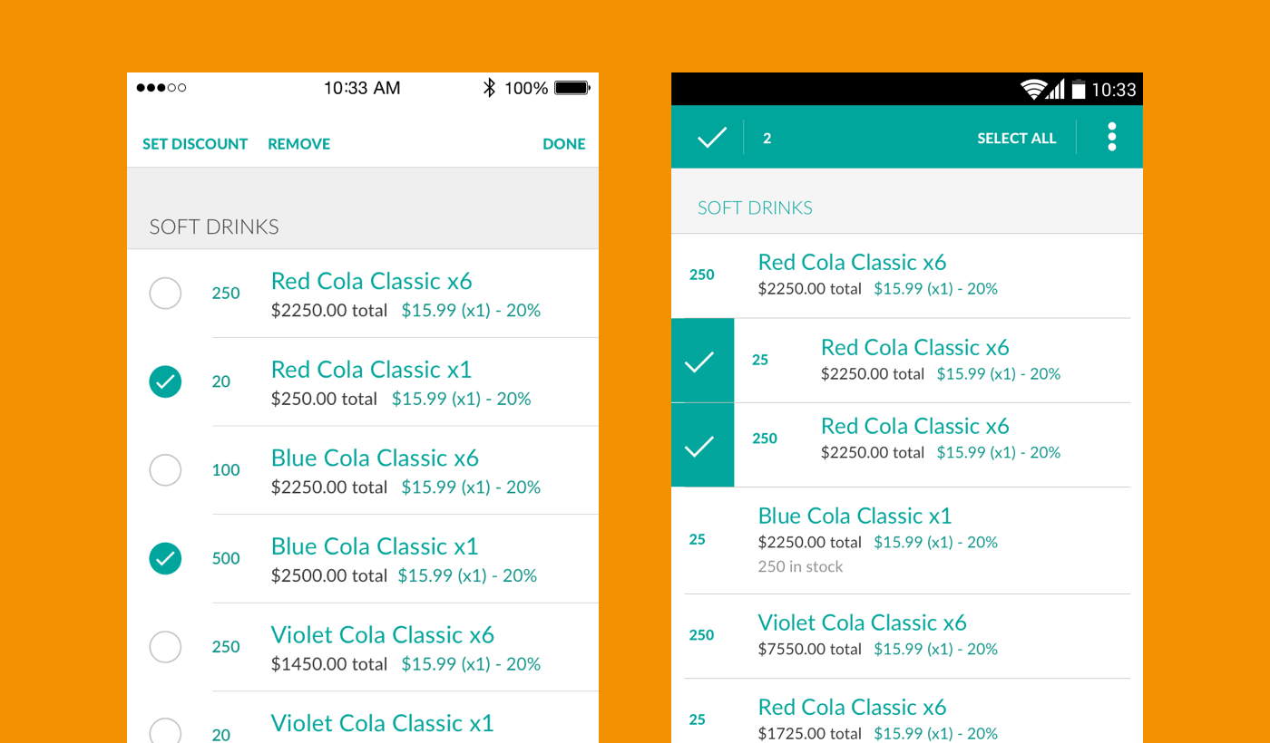 Repsly mobile app – editing an order on iOS (left) and on Android (right)