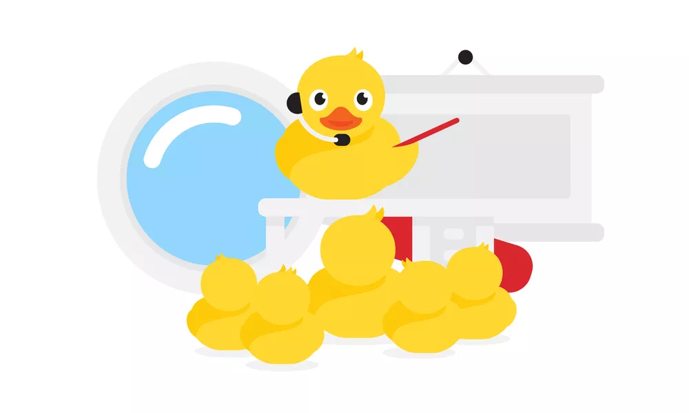 A ruber duck speaking at a meetup