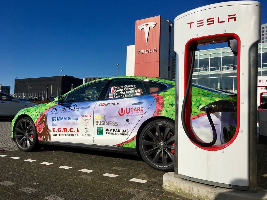 Tesla Model S and a supercharger