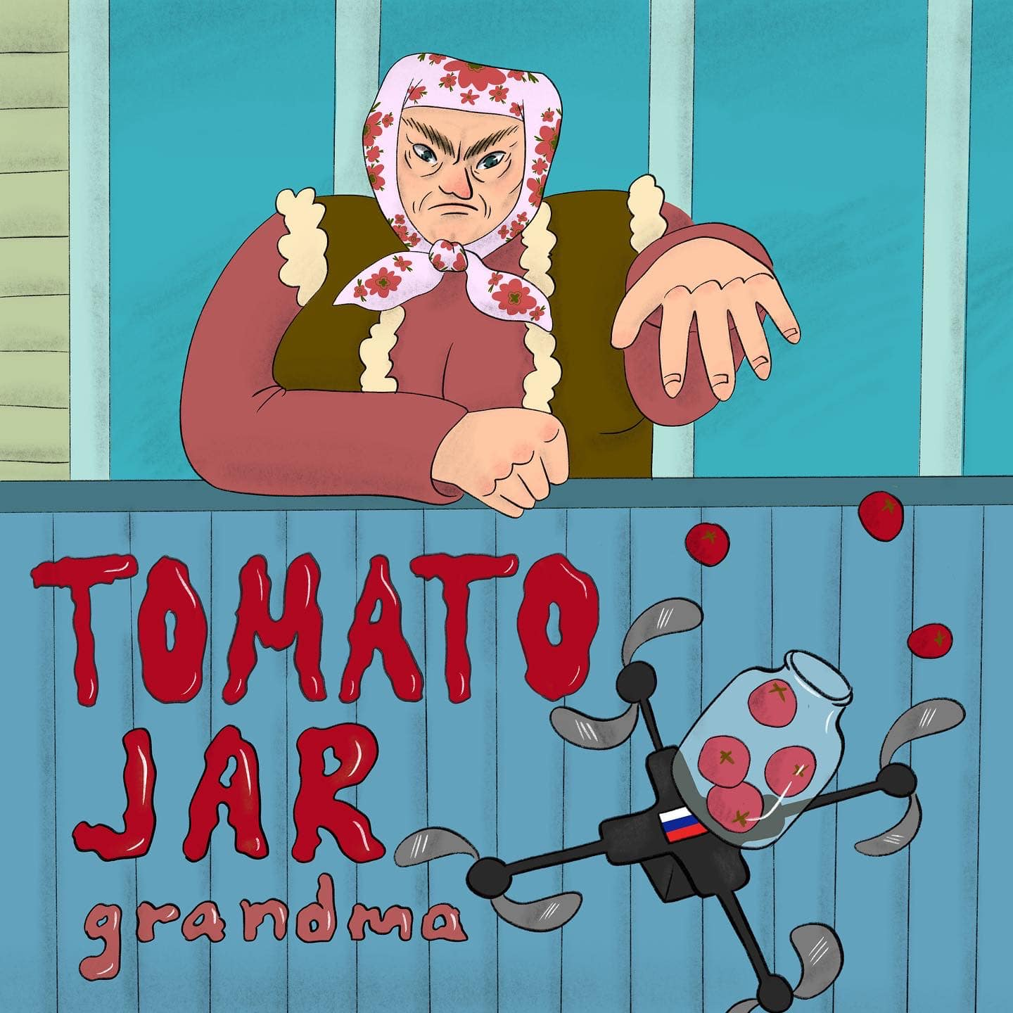 Ukrainian grandma throwing a tomato jar