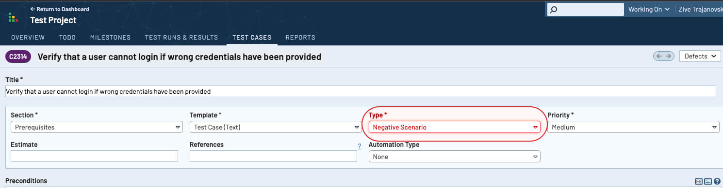 Negative scenarios in software testing, test rail test case 1