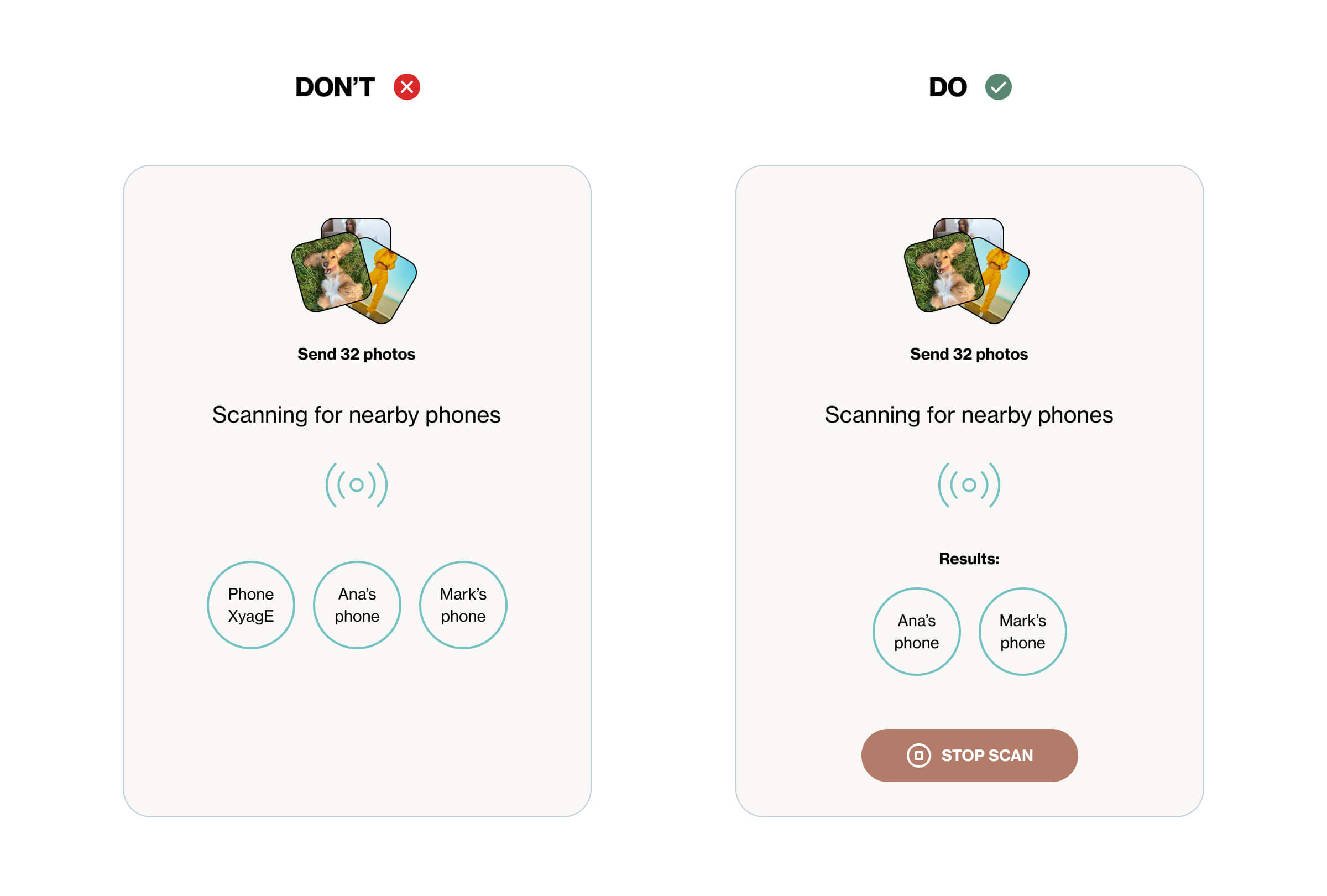 The image shows two mobile connectivity displays, scanning for nearby phones in order to transfer photos. The first, labeled ‘Don’t’, shows a scan in progress with three nearby phones found: Ana’s phone, Mark’s phone, and Phone XyagE. The second, labeled ‘Do’, shows a button labeled ‘Stop Scan’ underneath two nearby phones found: Ana’s phone and Mark’s phone. In the second example, the user has been given control over stopping the scan for nearby phones.