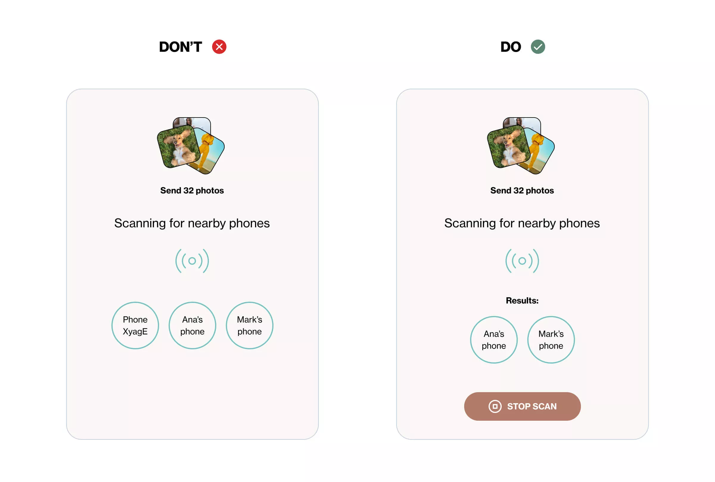 The image shows two mobile connectivity displays, scanning for nearby phones in order to transfer photos. The first, labeled ‘Don’t’, shows a scan in progress with three nearby phones found: Ana’s phone, Mark’s phone, and Phone XyagE. The second, labeled ‘Do’, shows a button labeled ‘Stop Scan’ underneath two nearby phones found: Ana’s phone and Mark’s phone. In the second example, the user has been given control over stopping the scan for nearby phones.