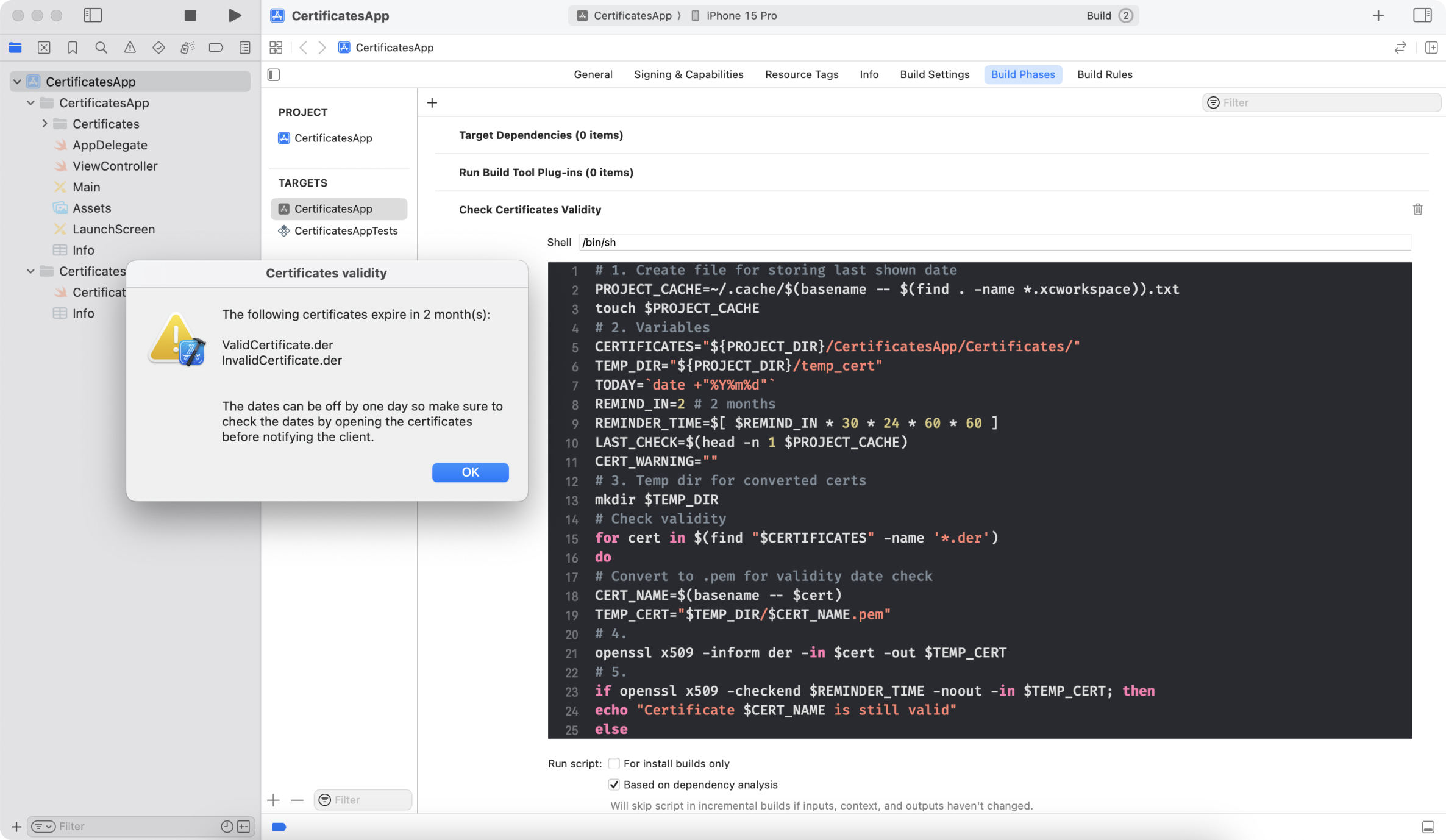 AppleScript is executed by a custom Xcode shell script. The alert shows Certificates validity.