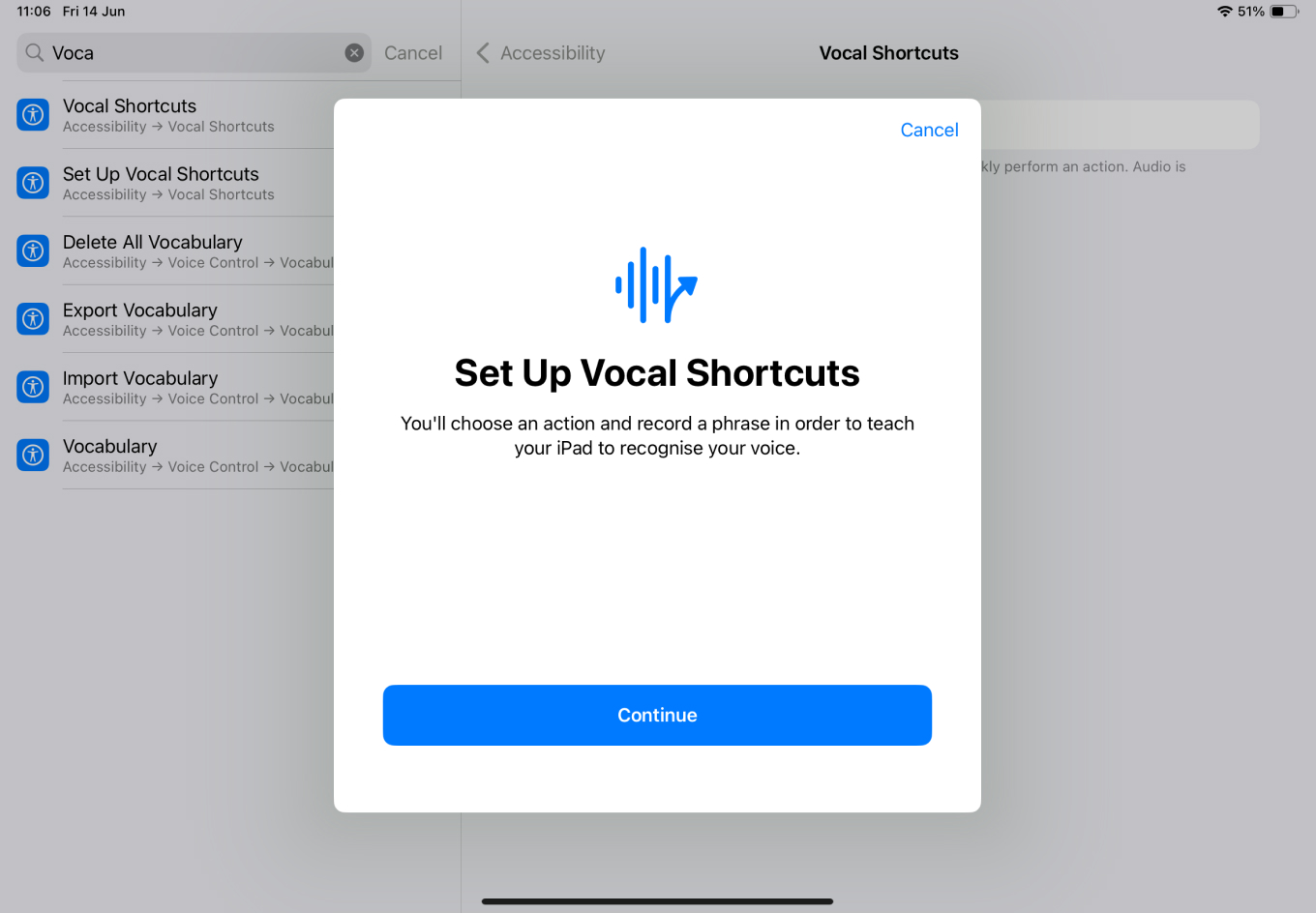 screenshot showing the setup of vocal shortcuts, one of the new accessibility features in iOS 18