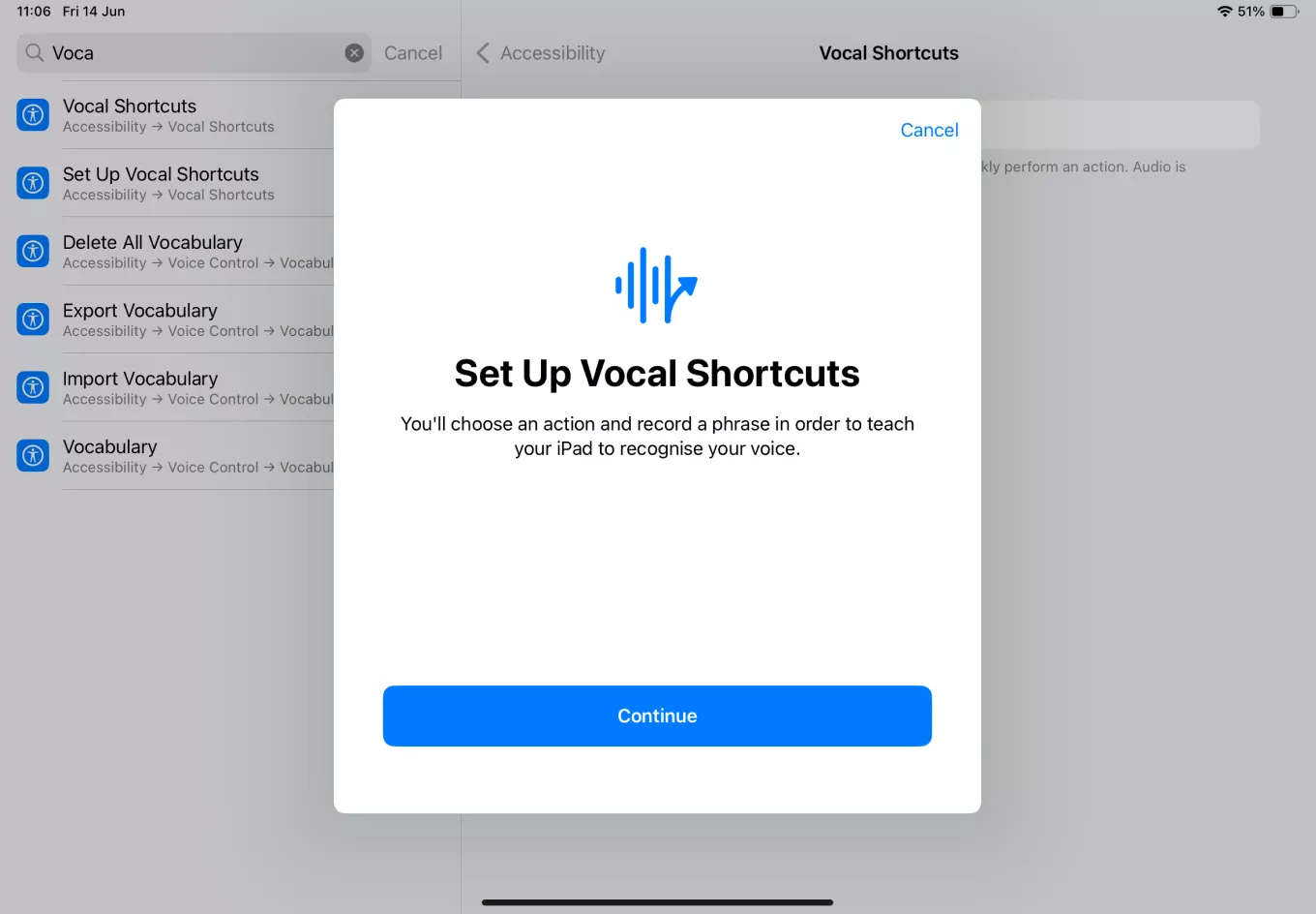 screenshot showing the setup of vocal shortcuts, one of the new accessibility features in iOS 18