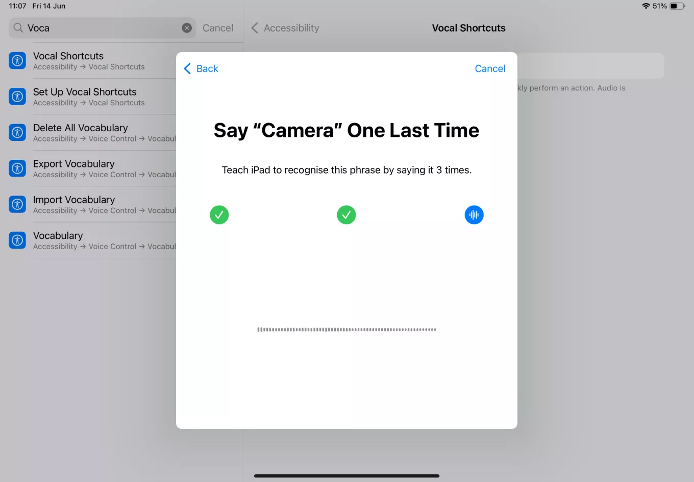 screenshot showing the setup of vocal shortcuts, one of the new accessibility features in iOS 18