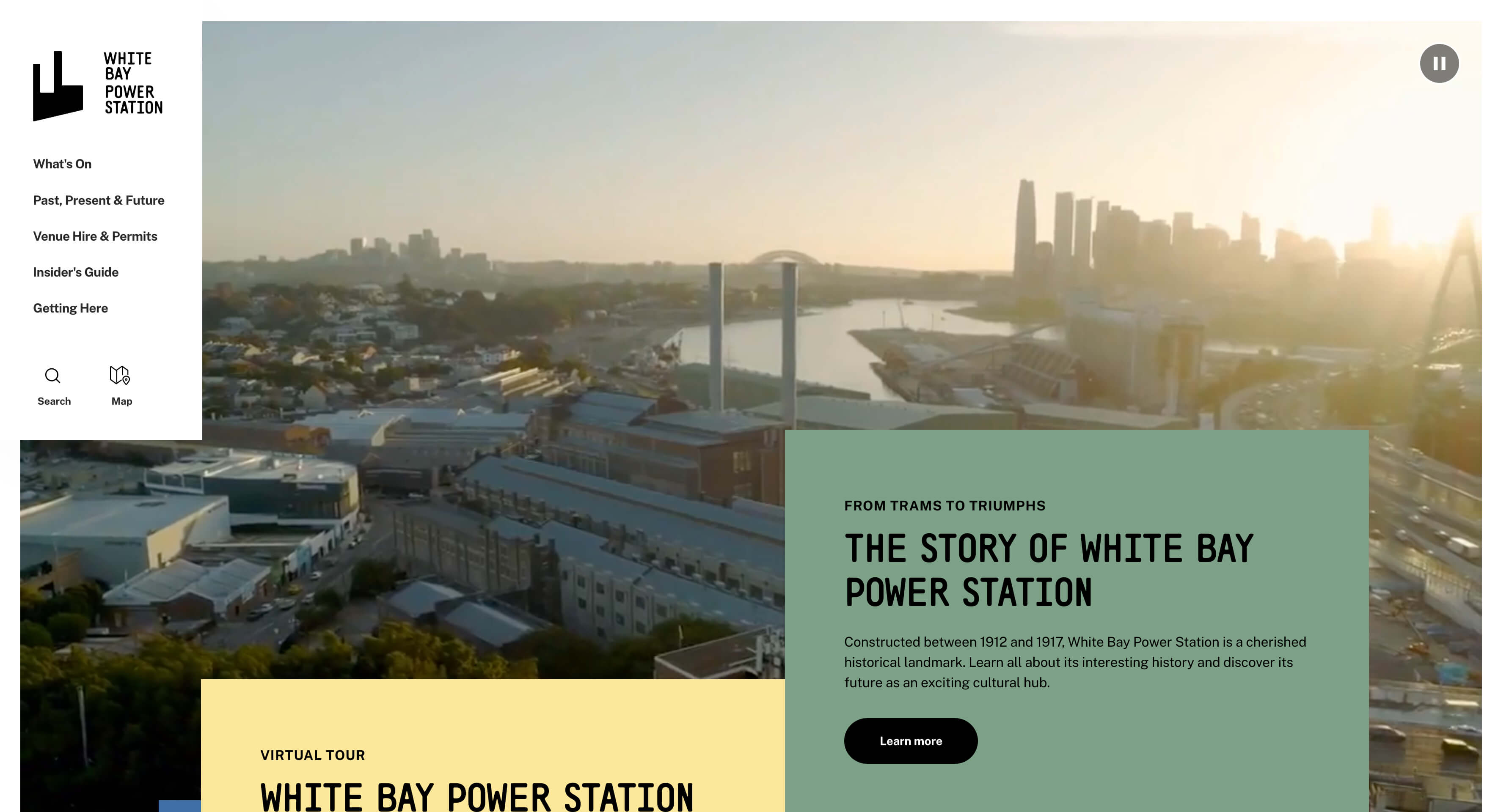 A screenshot from the White Bay Power Station website showing minimalist design with bold accents and vibrant color palettes – one of the 2025 design trends.