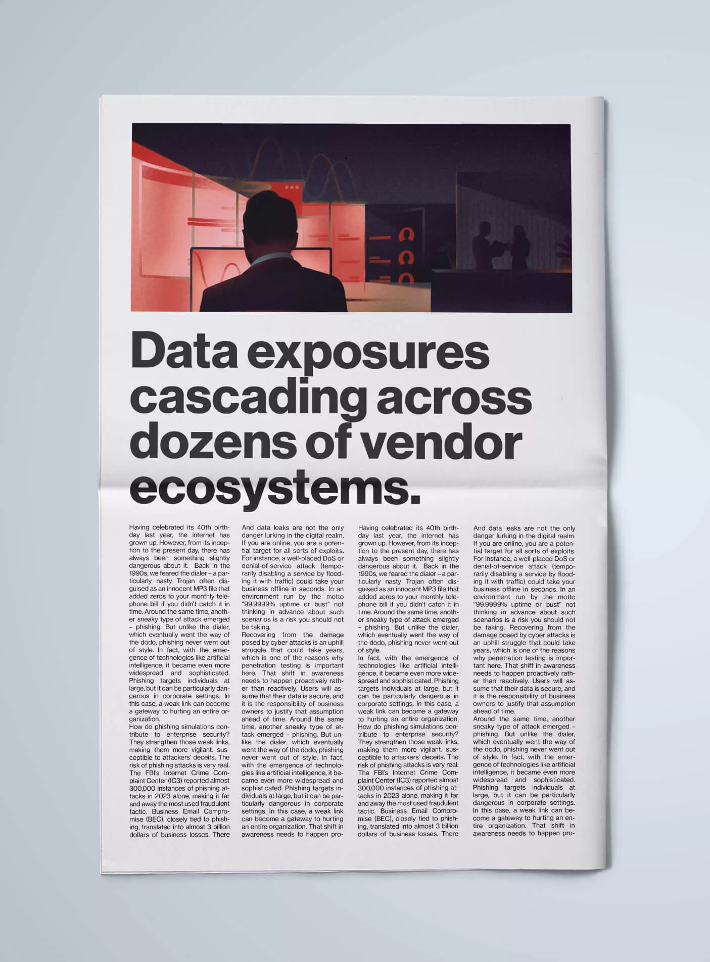 “Front-page–style layout with a stylized illustration of a person facing multiple screens, above the headline: ‘Data exposures cascading across dozens of vendor ecosystems.’”